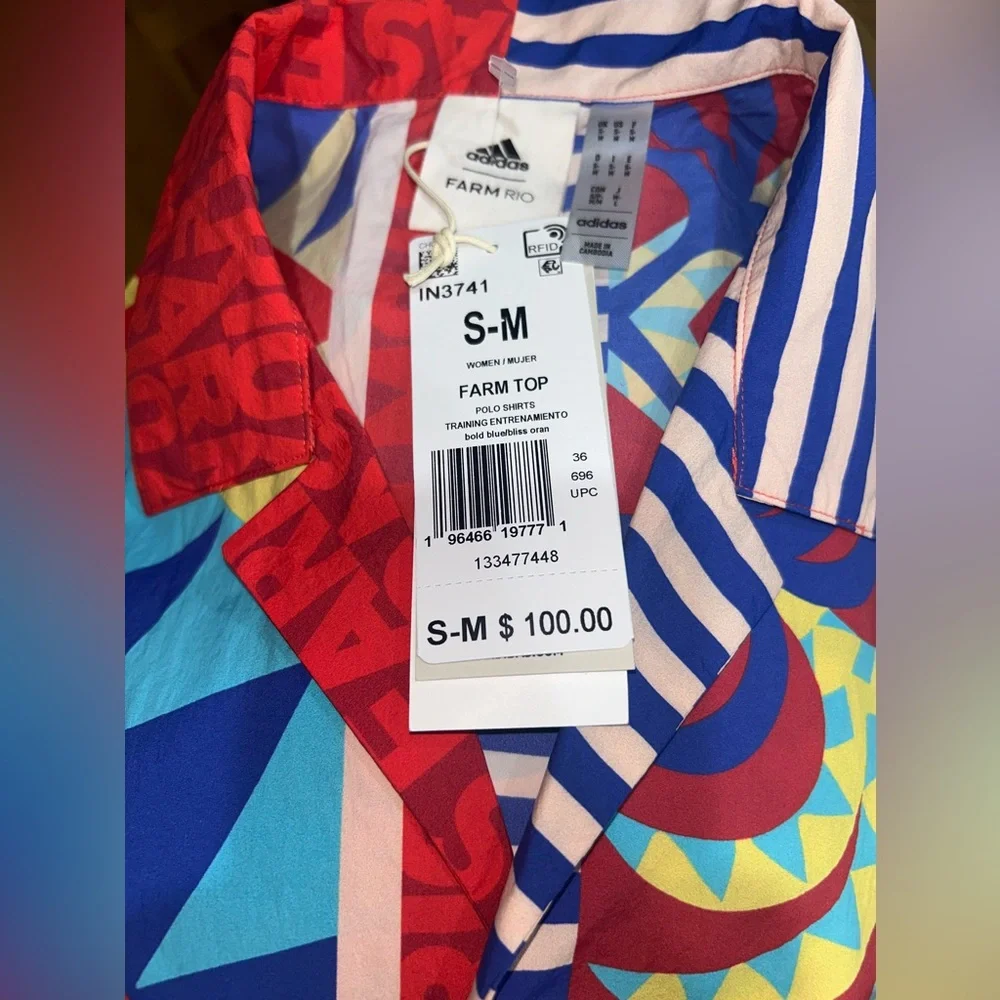 NWT Farm Rio/Adidas collab SZ S/M red/blue/yellow button front collared shirt. - Picture 6 of 10